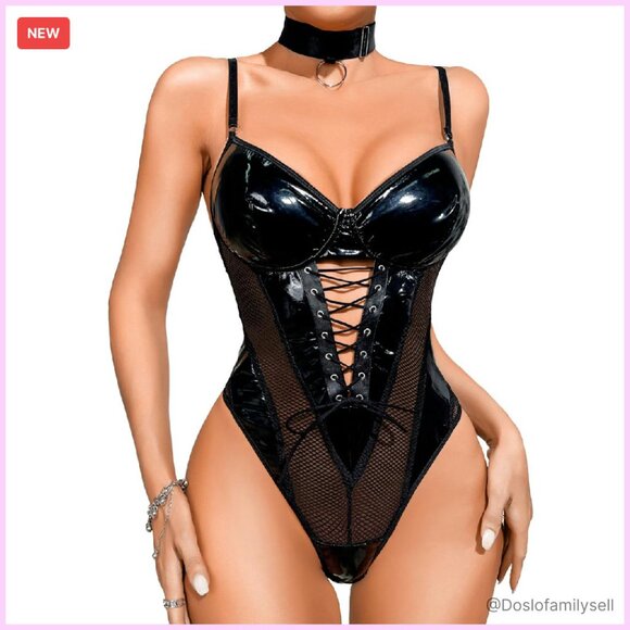 Faux Leather Corset Bodysuit Sexy Lingerie Rave Festival Goth Y2K -  threedaughtersproperties.com